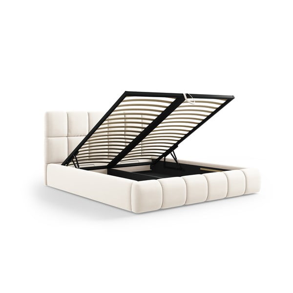 Krēmkrāsas samta polsterēta divvietīga gulta ar veļas kasti un redelēm 180x200 cm Bellis – Micadoni -image-2