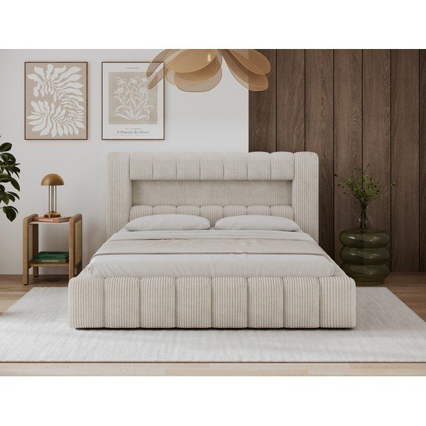 Bēša polsterēta divvietīga gulta ar veļas kasti ar redelēm 140x200 cm Lamica – ELTAP-image-3