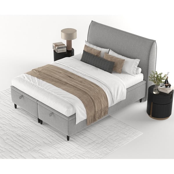 Gaiši pelēka polsterēta divvietīga gulta ar veļas kasti 180x200 cm Pearl – Maison de Rêve-image-3
