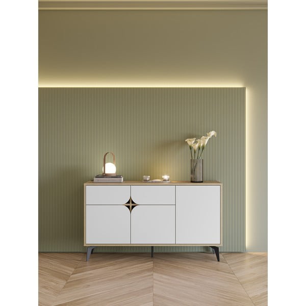 Balta/dabīga toņa zema kumode ar ozolkoka imitāciju 140x79 cm Nola – Marckeric-image-1