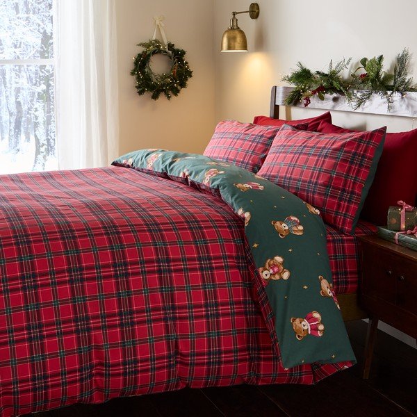 Sarkana/tumši zaļa vienguļamā bērnu gultas veļa 120x150 cm Christmas Tartan Teddy Bear – Catherine Lansfield-image-1