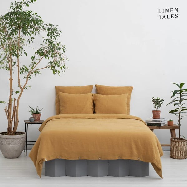 Sinepju dzeltena gultas veļa no kaņepju šķiedras divvietīgai gultai 200x200 cm – Linen Tales