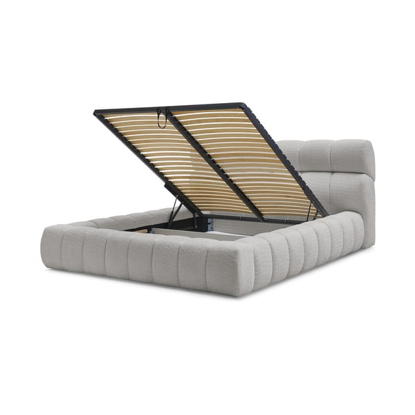 Gaiši pelēka polsterēta divvietīga gulta ar veļas kasti un redelēm 180x200 cm Mont Blanc – Bobochic Paris-image-4