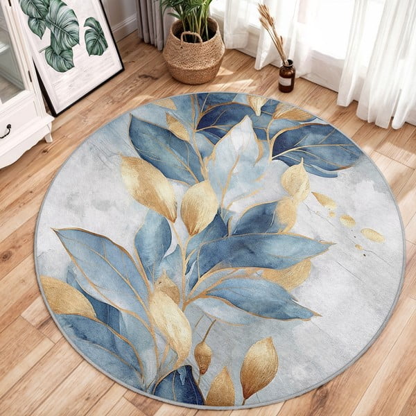 Zils/zelta krāsas mazgājams apaļš paklājs ø 100 cm Golden Leaves – Mila Home-image-2