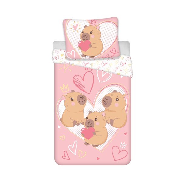 Rozā vienguļamā kokvilnas bērnu gultas veļa 140x200 cm Kapybara Heart – Jerry Fabrics