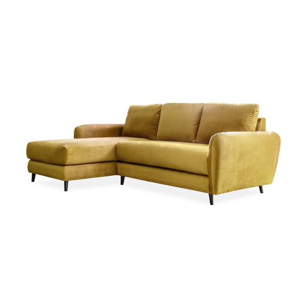 Dzeltens samta stūra dīvāns ar kāju soliņu Miuform Cozy Claire, kreisais stūris
