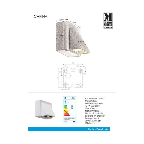 Balta sienas lampa Markslöjd Carina, 8 x 7,5 cm-image-2