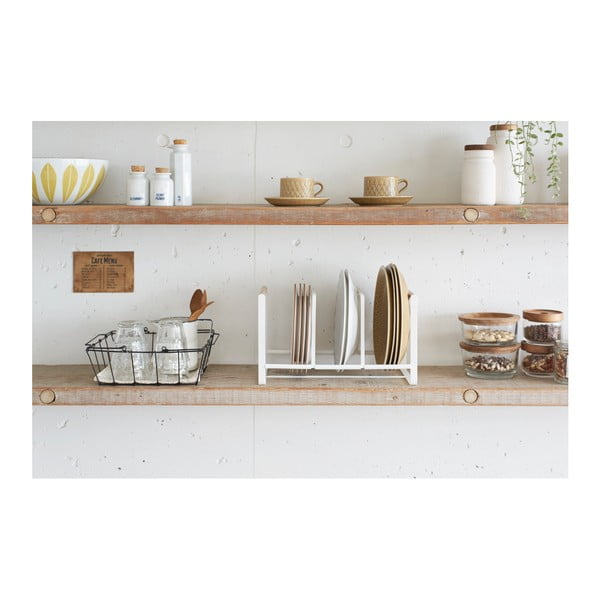 Balts šķīvju statīvs ar dižskābarža koka detaļām YAMAZAKI Tosca-image-2