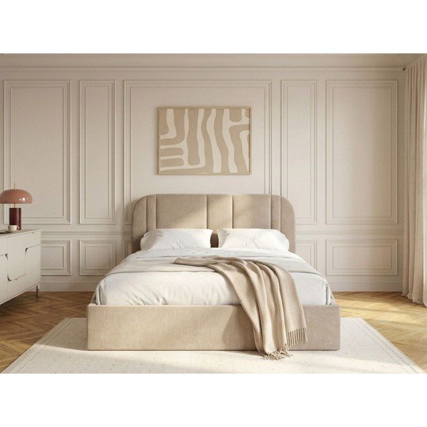 Bēša polsterēta divvietīga gulta ar veļas kasti ar redelēm 160x200 cm Sidney – Bobochic Paris-image-2