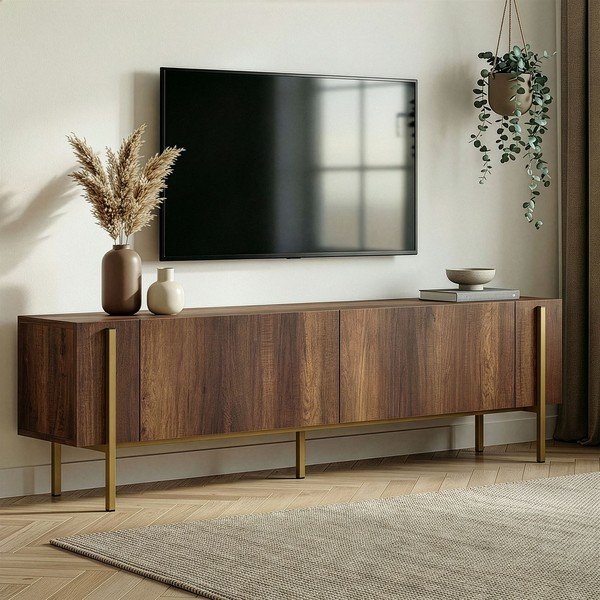 Tumša dabīga toņa TV galdiņš ar riekstkoka imitāciju 180x45x30 cm Nexus – Kalune Design-image-1