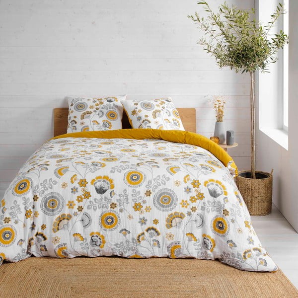 Okera dzeltena/balta divguļamā muslīna gultas veļa 260x240 cm Garance – douceur d'intérieur
