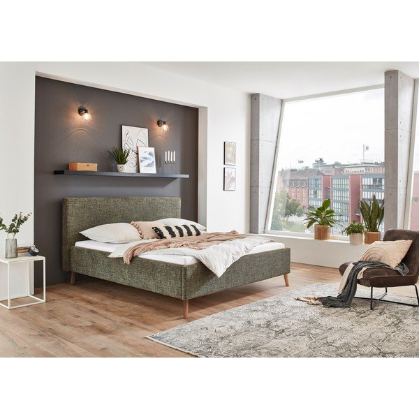 Tumši zaļa polsterēta divvietīga gulta ar veļas kasti ar redelēm 180x200 cm Riva – Meise Möbel-image-1