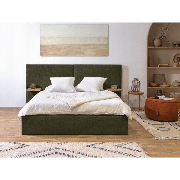 Tumši zaļa polsterēta divvietīga gulta ar veļas kasti ar redelēm 160x200 cm Blandine – Bobochic Paris-image-1