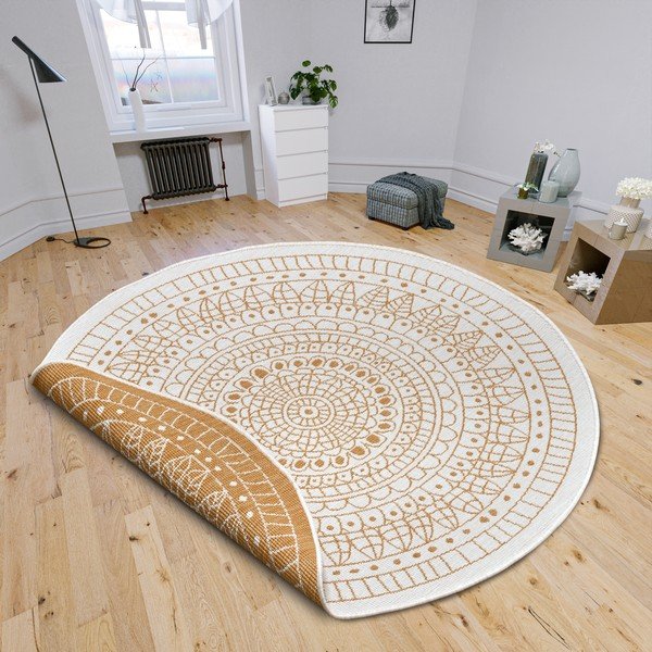 Okera dzeltens/balts apaļš āra paklājs ø 140 cm Porto – NORTHRUGS-image-1