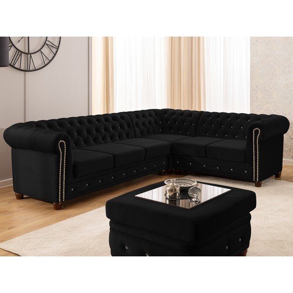 Melns samta salokāms stūra dīvāns (ar labo stūri/L veida) York Blik – Ropez-image-1