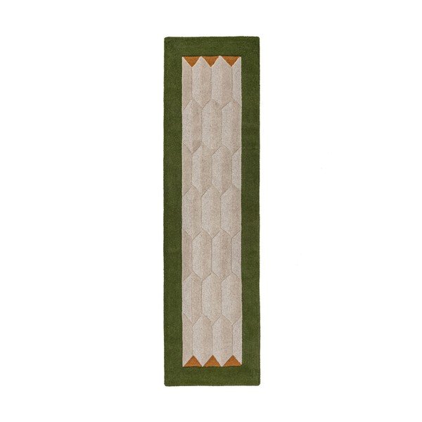 Zaļš/dabīga toņa ar rokām darināts vilnas celiņa paklājs 60x230 cm Apex Border Wool – Flair Rugs