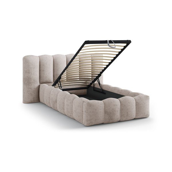 Gaiši brūna polsterēta vienvietīga gulta ar veļas kasti un redelēm 90x200 cm Lupine – Micadoni -image-1