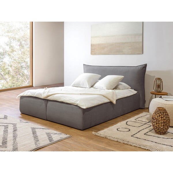 Tumši pelēka samta polsterēta divguļamā gulta ar uzglabāšanas vietu un režģi 160x200 cm Jade – Bobochic Paris-image-1