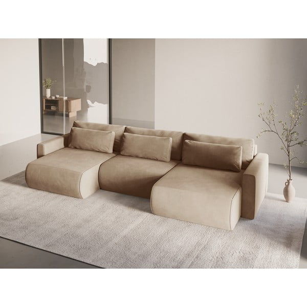 Gaiši brūns samta stūra dīvāns ar uzglabāšanas vietu (U veida) Belfast – Cosmopolitan Design-image-1