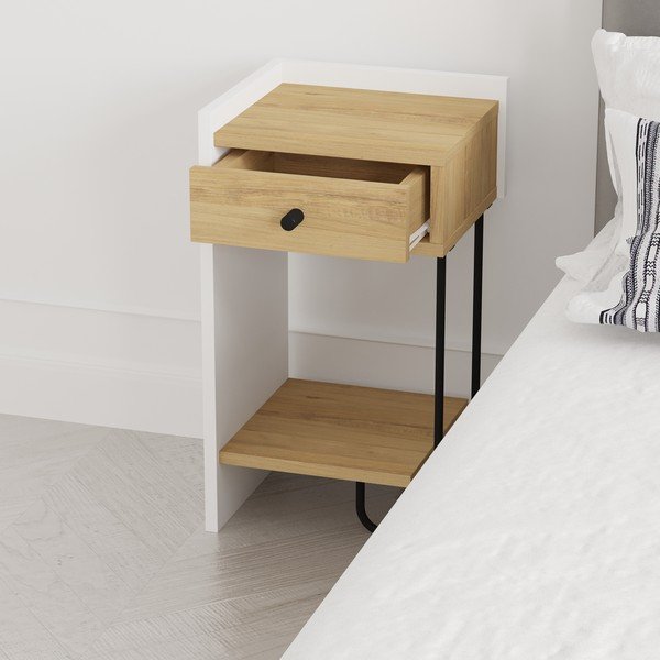 Balts/dabīga toņa naktsskapītis ar ozolkoka imitāciju ar plauktiem Mercure – Marckeric-image-1