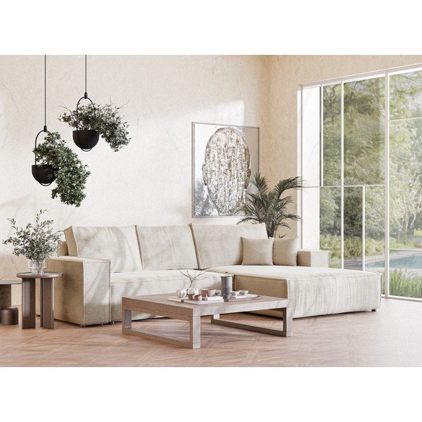 Krēmkrāsas salokāms stūra dīvāns no šenila auduma ar uzglabāšanas vietu (ar labo stūri/ar zvilni) Maze – Maison de Rêve-image-1