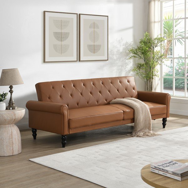Konjakbrūns regulējams/salokāms dīvāns no ādas imitācijas 222 cm Tyne – Støraa-image-1