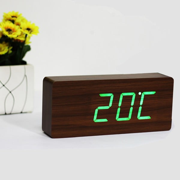 Tumši brūns modinātājs ar zaļu LED displeju Gingko Slab Click Clock-image-1