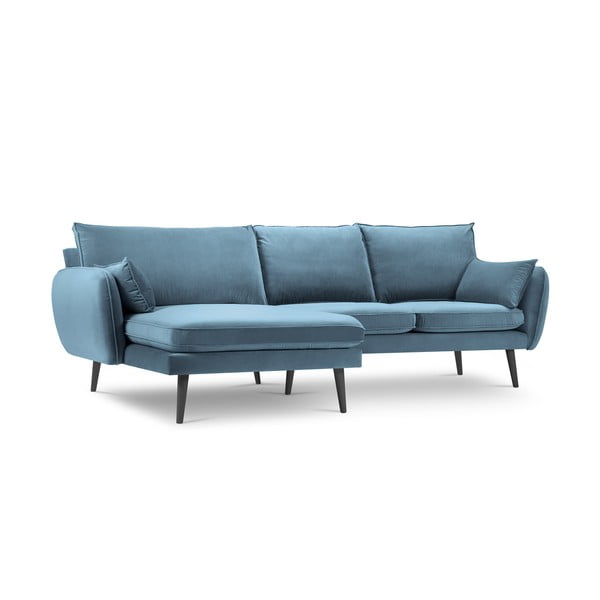 Gaiši zils samta stūra dīvāns ar melnām kājām Kooko Home Lento, kreisais stūris