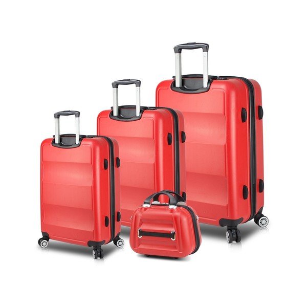 3 sarkanu ceļojumu koferu komplekts uz riteņiem ar USB pieslēgvietām un rokas somu My Valice LASSO Travel Set
