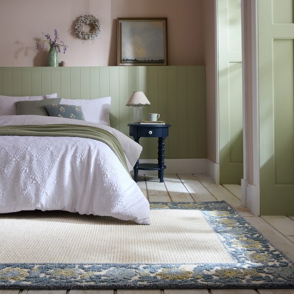 Zils/ziloņkaula krāsas ar rokām darināts paklājs no vilnas maisījuma 160x230 cm Myla Floral Frame – Flair Rugs-image-1