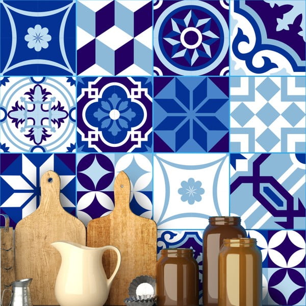 Komplekts ar 16 Ambiance sienas uzlīmes Sienas uzlīmes Flīzes Azulejos, 20 x 20 cm, zils tonis, 20 x 20 cm