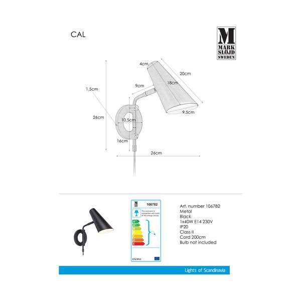 Melna sienas lampa ar vadu ø 9,5 cm Cal – Markslöjd-image-2