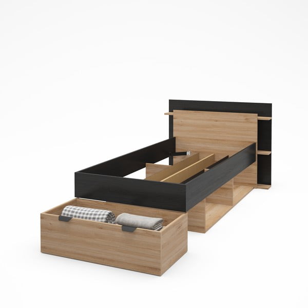 Melna/dabīga toņa vienvietīga gulta ar ozolkoka imitāciju un veļas kasti bez režģa 90x200 cm Albo – Marckeric-image-4