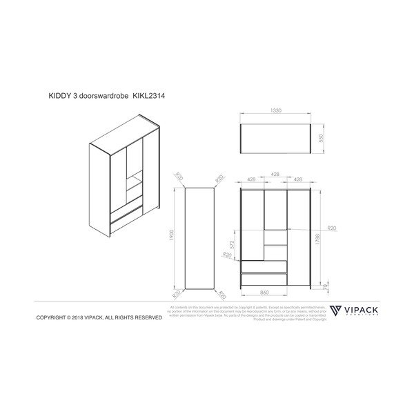 Balts bērnu drēbju skapis Vipack Kiddy, 137,8 x 190 cm-image-4