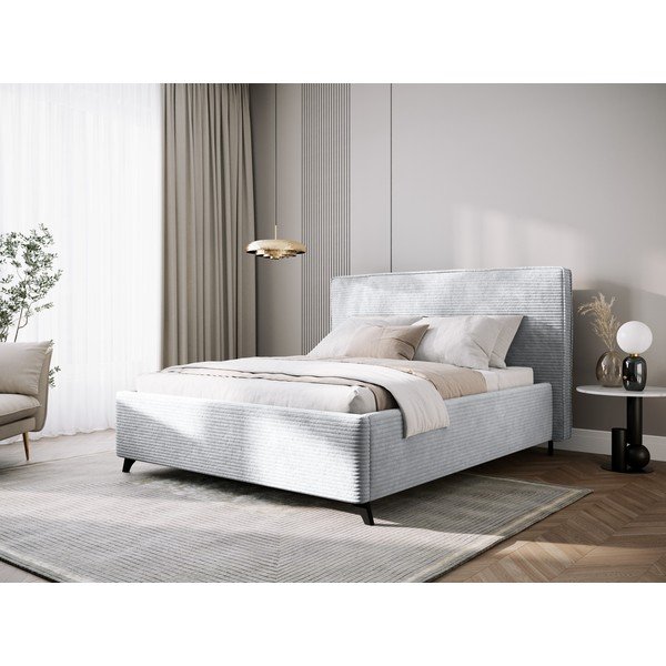 Pelēka polsterēta divvietīga gulta ar veļas kasti un režģi 140x200 cm Malou – Milo Casa-image-1