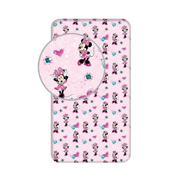 Rozā kokvilnas bērnu palags ar gumiju 90x200 cm Minnie "Flowers" – Jerry Fabrics