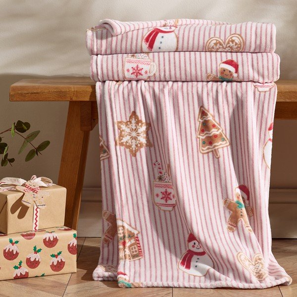 Sarkans/dabīga toņa pleds ar Ziemassvētku motīvu 170x130 cm Christmas Gingerbread Stripe – Catherine Lansfield-image-2