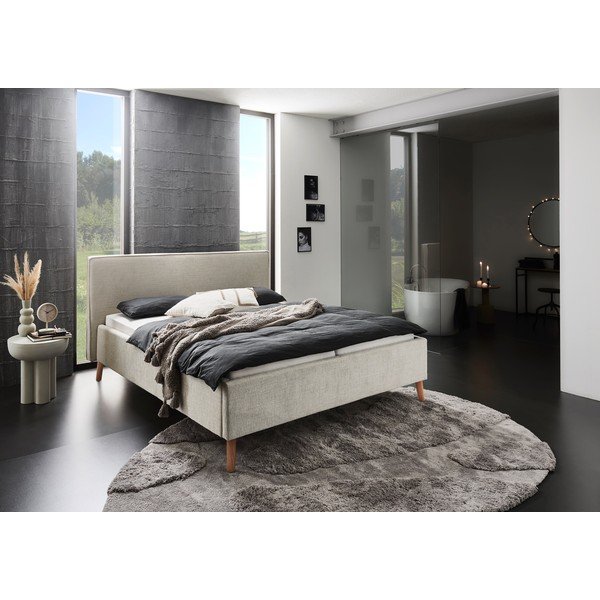 Krēmkrāsas polsterēta divvietīga gulta ar veļas kasti ar redelēm 160x200 cm Riva – Meise Möbel-image-1