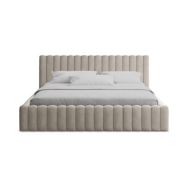 Pelēkbrūna polsterēta divvietīga gulta ar veļas kasti ar redelēm 160x200 cm Lemi – Makamii-image-4