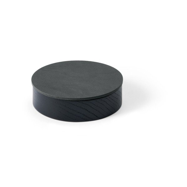 Melna/antracīta pelēka dekoratīva koka/ekoloģiskās ādas uzglabāšanas kaste ar vāku ø 11x3,5 cm Circle Nupo – LIND DNA