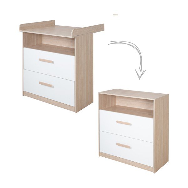 Balta/dabīga toņa bērnu kumode ar ozolkoka imitāciju un pārtinamo galdiņu 88x98x75 cm Cabane – Roba-image-2
