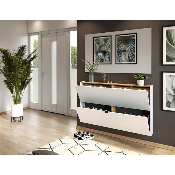 Balts atverams/piekarināms apavu plaukts ar ozolkoka imitāciju 140x83x18 cm Ameca – Germania-image-1