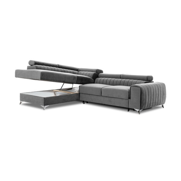 Pelēks samta salokāms/ar uzglabāšanas vietu stūra dīvāns (ar kreiso stūri/L veida) Laurence – ELTAP-image-2