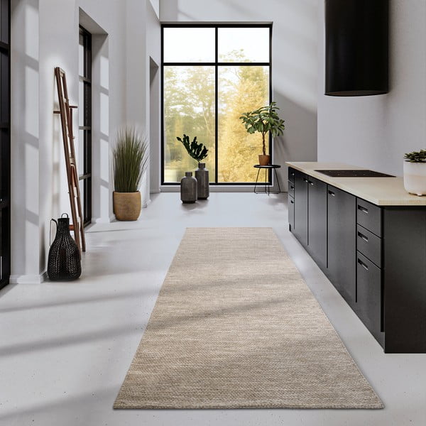 Bēšs ar rokām darināts celiņa paklājs no vilnas maisījuma 80x200 cm Pradesh Linen White – Elle Decoration-image-1