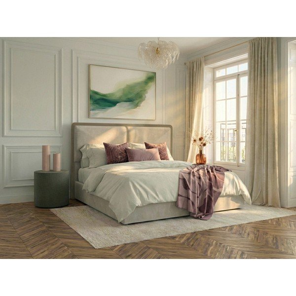 Bēša/pelēkbrūna polsterēta divvietīga gulta ar veļas kasti ar redelēm 180x200 cm Mara – Bobochic Paris-image-1