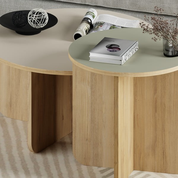 Krēmkrāsas/dabīga toņa apaļi žurnālgaldiņi (2 gab.) ar ozolkoka imitāciju ø 70 cm Hillary – Marckeric-image-3