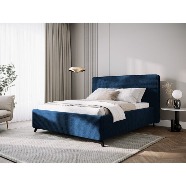 Tumši zila polsterēta divvietīga gulta ar veļas kasti un režģi 160x200 cm Malou – Milo Casa-image-1