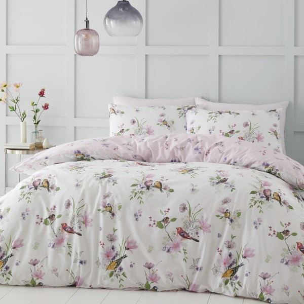 Balta/rozā divguļamā gultas veļa 200x200 cm Songbird – Catherine Lansfield