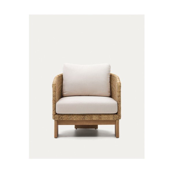 Bēšs/dabīga toņa masīvkoka/mākslīgās rotangpalmas dārza atpūtas krēsls Xoriguer – Kave Home-image-3