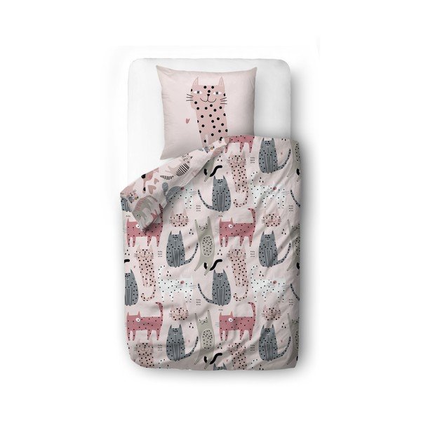 Rozā vienguļamā bērnu gultas veļa no kokvilnas satīna 140x200 cm Meow Meow – Butter Kings